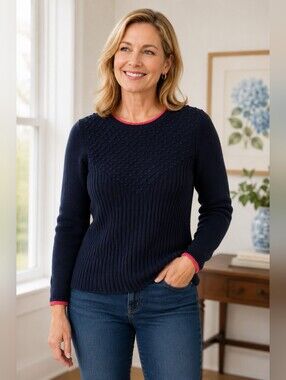 Talbots Textured Cable Knit Sweater Navy Pink Size Petite Medium Preppy City EUC